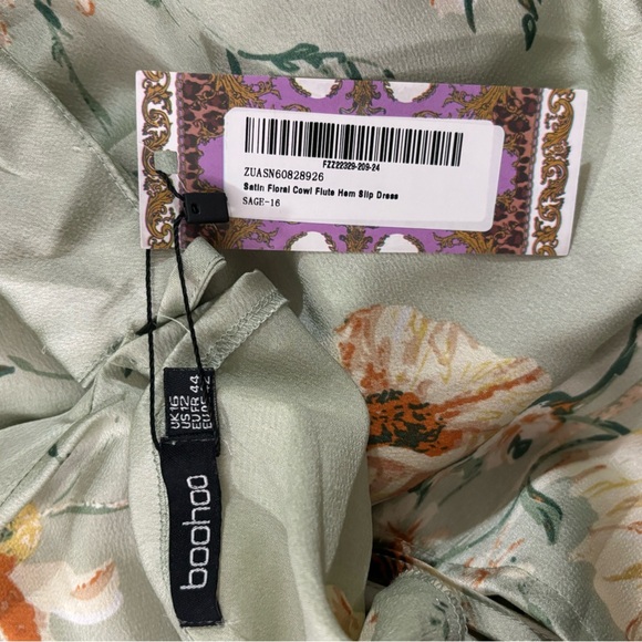 NWT Boohoo Sage Green Satin Floral Cowl Tie-Back Flute Hem Slip Midi Dress 12 - Picture 11 of 11